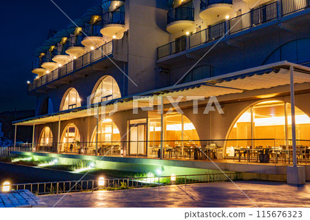 Night view of the courtyard pool at Resort Hotel Limani in Ushimado, Setouchi City, Okayama Prefecture 115676323