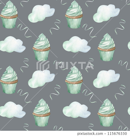 Monochrome mint muffins cupcake with confetti and cloud watercolor seamless pattern on dark . Hand drawn background for child birthday party, stationery, invitation design. Wrapping paper, gift box Monochrome mint muffins cupcake with confetti and cloud watercolor seamless pattern on dark . Hand drawn background for child birthday party, stationery, invitation design. Wrapping paper, gift box 115676330