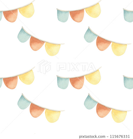 Birthday child colorful flag garland seamless pattern. Kids party celebration in boho style, baby room, wedding decor. Wrapping paper, gift box decoration Birthday child colorful flag garland seamless pattern. Kids party celebration in boho style, baby room, wedding decor. Wrapping paper, gift box decoration 115676331