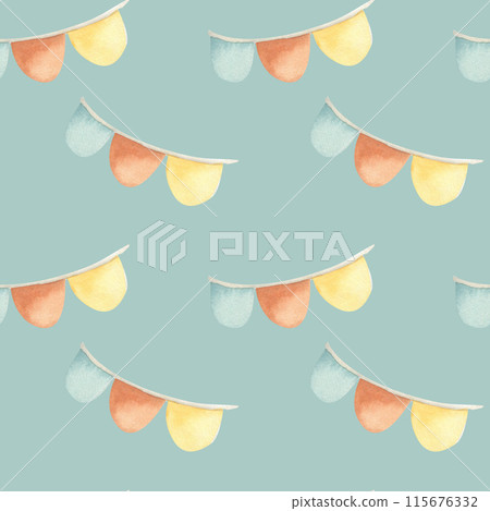Birthday child colorful flag garland seamless pattern on green. Kids party celebration in boho style, baby room, wedding decor. Wrapping paper, gift box decoration. Pastel green color 115676332
