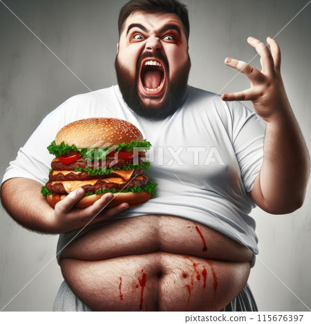 Overweight man holding a giant burger 115676397