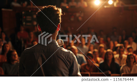 Man facing a crowd in auditorium 115676444