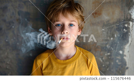 Young boy with cigarette and smoke 115676446