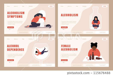 Alcoholism concept. Set of Landing page template. Depressed Female Characters with Alcohol Addiction. Girls with Substance Abuse. Vector illustration in flat cartoon style 115676488