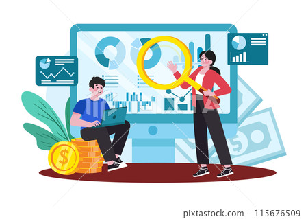 Finance team member analyzing financial data with the team. 115676509