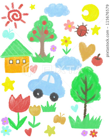 孩子畫的風屋、汽車和樹的可愛插圖 孩子畫的風屋、汽車和樹的可愛插圖 115676579