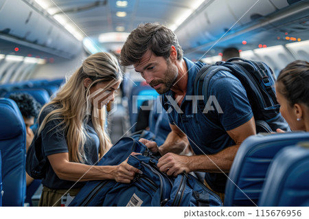 Passengers organizing luggage in airplane 115676956