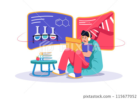 A student watches an educational video for a science class. A student watches an educational video for a science class. 115677052