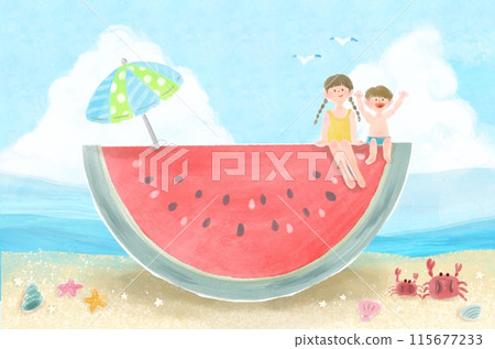 Summer image illustration of children riding on a big watermelon Summer image illustration of children riding on a big watermelon 115677233