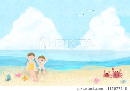 孩子們坐在沙灘上,背景是雷雨雲和大海 孩子們坐在沙灘上,背景是雷雨雲和大海 115677248