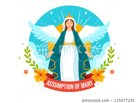 Assumption of Mary Christian Vector Illustration Featuring the Feast of the Blessed Virgin with Doves and Angels in Heaven in a Flat Background Assumption of Mary Christian Vector Illustration Featuring the Feast of the Blessed Virgin with Doves and Angels in Heaven in a Flat Background 115677291
