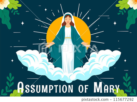 Assumption of Mary Christian Vector Illustration Featuring the Feast of the Blessed Virgin with Doves and Angels in Heaven in a Flat Background Assumption of Mary Christian Vector Illustration Featuring the Feast of the Blessed Virgin with Doves and Angels in Heaven in a Flat Background 115677292