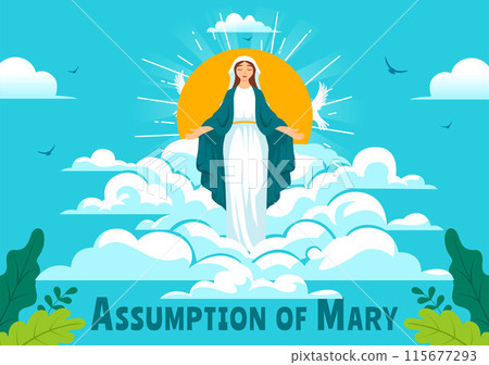 Assumption of Mary Christian Vector Illustration Featuring the Feast of the Blessed Virgin with Doves and Angels in Heaven in a Flat Background Assumption of Mary Christian Vector Illustration Featuring the Feast of the Blessed Virgin with Doves and Angels in Heaven in a Flat Background 115677293