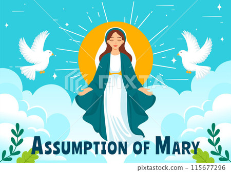 Assumption of Mary Christian Vector Illustration Featuring the Feast of the Blessed Virgin with Doves and Angels in Heaven in a Flat Background Assumption of Mary Christian Vector Illustration Featuring the Feast of the Blessed Virgin with Doves and Angels in Heaven in a Flat Background 115677296