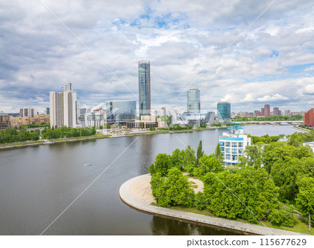 Yekaterinburg city with Buildings of Regional Government and Parliament, Dramatic Theatre, Iset Tower, Yeltsin Center, panoramic view at summer sunset. 115677629