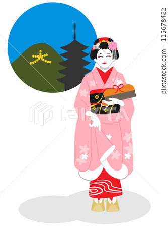 A maiko and a five-story pagoda in Kyoto with the Daimonji bonfire in the background 115678482