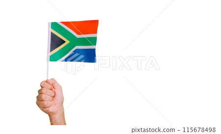 Wind waving a south african pennant holding by a person Wind waving a south african pennant holding by a person 115678498