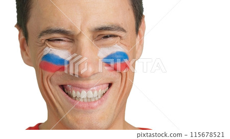 Man with a russian flag painted on the face smiling 115678521