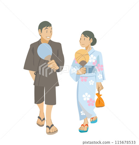 一對穿著浴衣散步的情侶插畫 115678533
