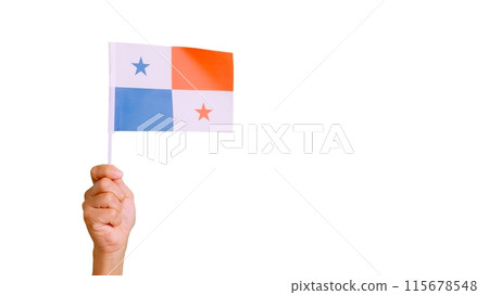 Wind waving a panamanian pennant holding by a hand Wind waving a panamanian pennant holding by a hand 115678548