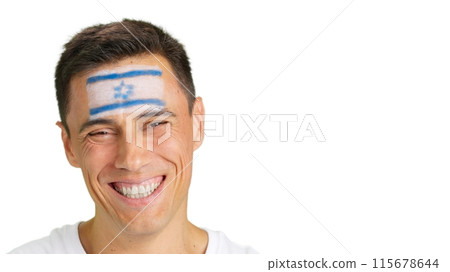 Man with a israeli flag painted on the face smiling 115678644