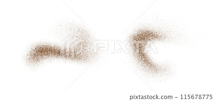 Coffee, cocoa or chocolate powder particles and speckles. Brown dust or sand wavy elements. Grounded beans, grains and granules wave flowing shapes. Vector sprayed speck swirl overlay textures 115678775