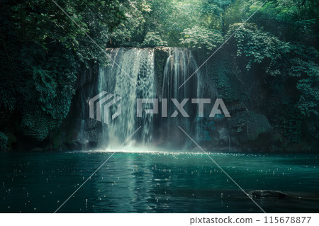 A waterfall is flowing into a pool of water 115678877
