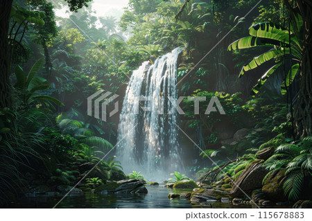 A waterfall in a lush jungle with a bright sun shining on it 115678883