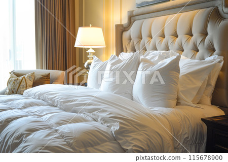 A bed with white sheets and pillows, and a lamp on the nightstand 115678900