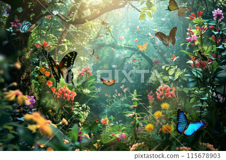 A colorful butterfly garden with many butterflies flying around 115678903