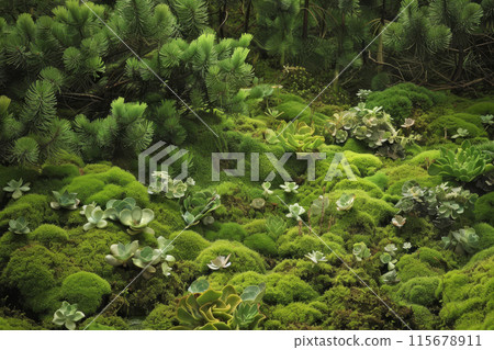 A lush green field with a variety of plants including moss and ferns 115678911