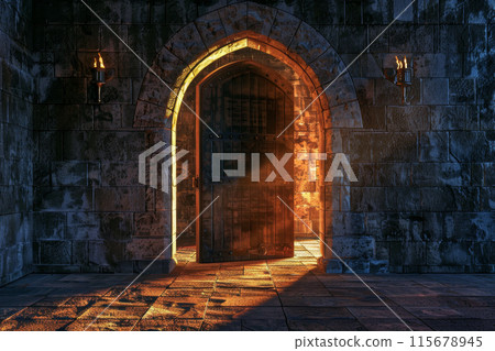 A door is open in a dark room with a stone wall A door is open in a dark room with a stone wall 115678945