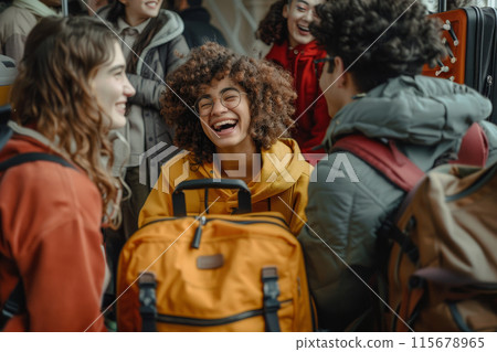 A group of people are sitting on a bus, one of them is wearing a yellow backpack A group of people are sitting on a bus, one of them is wearing a yellow backpack 115678965
