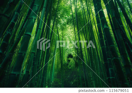 A forest of tall green bamboo trees with sunlight shining through the leaves 115679051