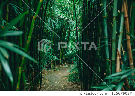 A path through a dense forest of bamboo 115679057