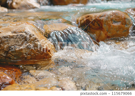 A stream of water flows between large rocks 115679066