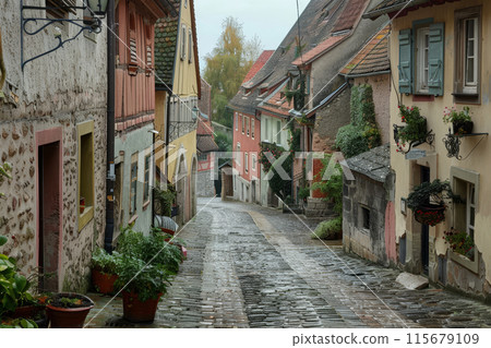 A narrow cobblestone street with a row of houses on either side 115679109