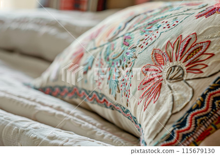 A pillow with a floral design is on a bed 115679130