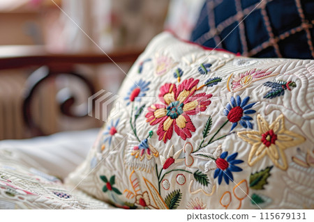 A pillow with a flowery design embroidered on it 115679131