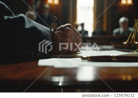A man is writing on a piece of paper in front of a judge 115679132