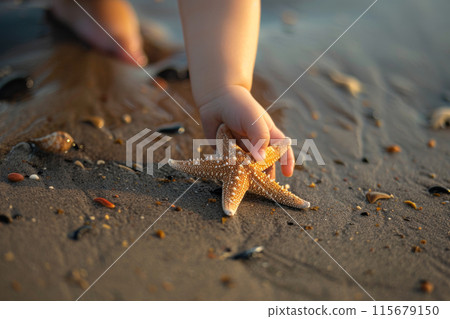 A child is holding a starfish on the beach 115679150