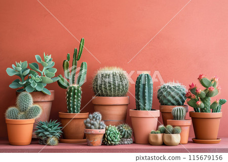 A row of potted cacti and succulents sit on a shelf 115679156