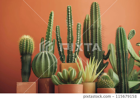 A row of cacti and succulents are arranged in a row on a wall A row of cacti and succulents are arranged in a row on a wall 115679158