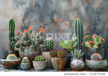 A row of potted cacti and succulents in various sizes and colors 115679160