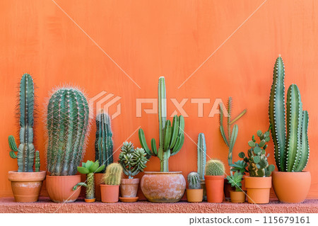 A row of cacti and succulents are arranged in a row on a wall 115679161