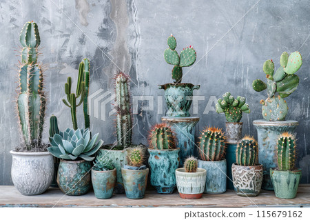 A row of potted cacti and succulents in various sizes and colors A row of potted cacti and succulents in various sizes and colors 115679162