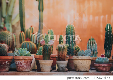 A row of cacti in various sizes and shapes are displayed in pots 115679163