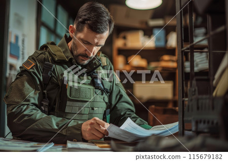 A man in a green uniform is sitting at a desk and reading a piece of paper A man in a green uniform is sitting at a desk and reading a piece of paper 115679182