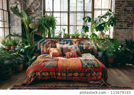 A bed with a colorful quilt and pillows, surrounded by potted plants A bed with a colorful quilt and pillows, surrounded by potted plants 115679183