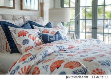 A bed with a blue and white comforter with shells on it 115679185